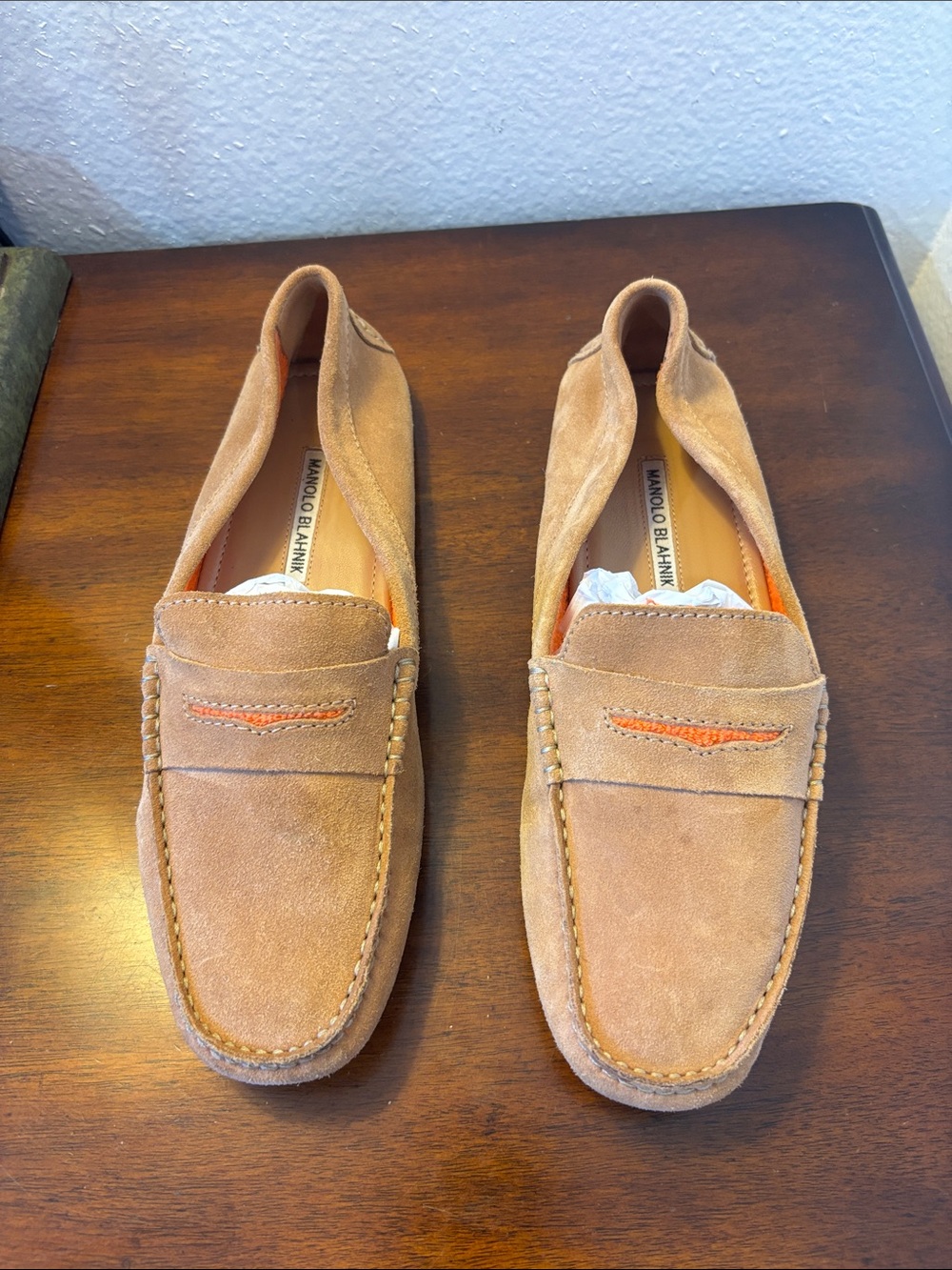 Manolo Blahnik brown Suede Penny Loafers with Orange Accent